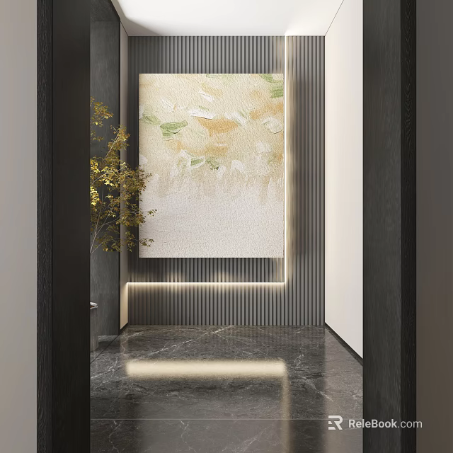 Modern Entrance Hall With Abstract Painting Golden Leaf Plant And Marble Floor 3d model 