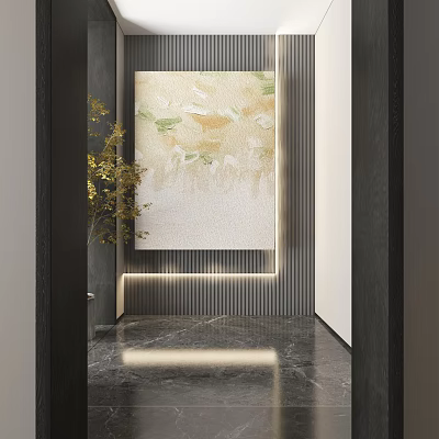 Modern Entrance Hall With Abstract Painting Golden Leaf Plant And Marble Floor 3d model