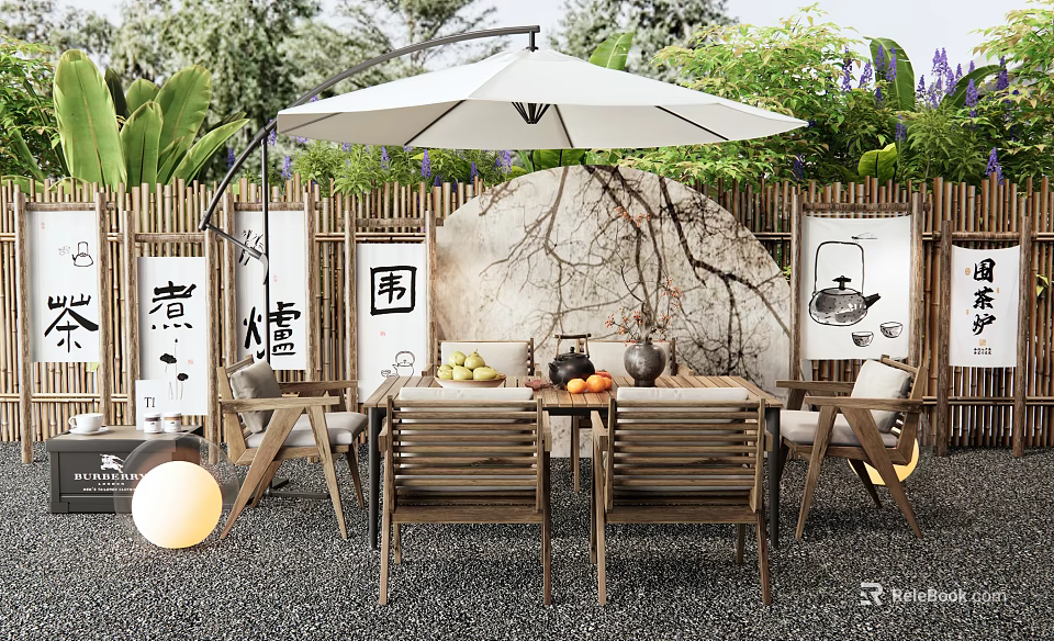 Outdoor Table With White Umbrella Bamboo Fence Decorative Paintings And Tea Set 3d model 
