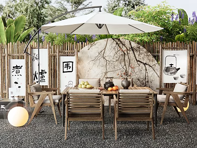 Outdoor Table With White Umbrella Bamboo Fence Decorative Paintings And Tea Set 3d model
