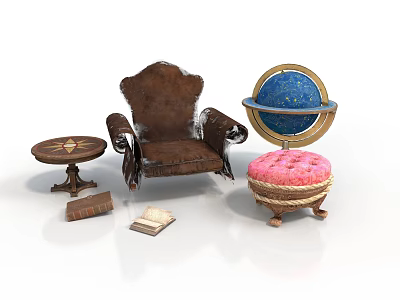 Vintage Brown Armchair Small Round Coffee Table And Pink Ottoman With Decorative Globe And Books 3d model
