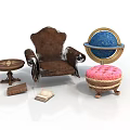 Vintage Brown Armchair Small Round Coffee Table And Pink Ottoman With Decorative Globe And Books