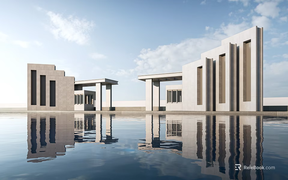 White Minimalist Modern Architecture Entrance Gate with Pool and Reflection 3d model 
