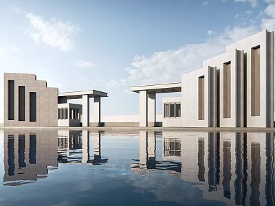 White Minimalist Modern Architecture Entrance Gate with Pool and Reflection 3d model