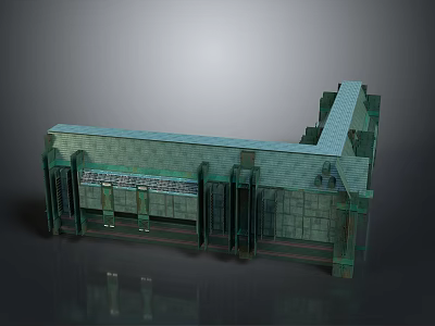 Traditional Green Brick Building Design With Symmetrical Roof And Decorative Portico 3d model
