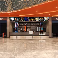 Modern Cinema Lobby With Orange Ceiling Sofa Seats Bar Counter And Decor