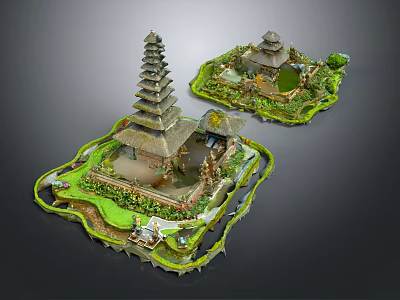 Detailed Traditional Temple Model Scenes With Multi Tiered Towers Green Vegetation And Small Pavilions 3d model