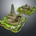 Detailed Traditional Temple Model Scenes With Multi Tiered Towers Green Vegetation And Small Pavilions