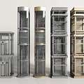 Modern Elevators With Cylindrical Square Designs Glass Panels Metal Frames And Silver Gold Finishes