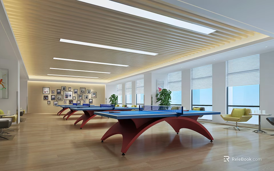 Indoor Sports Fitness Space With Multiple Table Tennis Tables Wooden Floors And Windows 3d model 