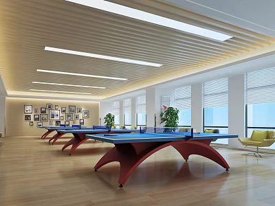 Indoor Sports Fitness Space With Multiple Table Tennis Tables Wooden Floors And Windows 3d model