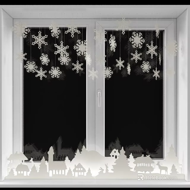 Snowflake Hanging Decorations on Window with White Houses and Trees 3d model