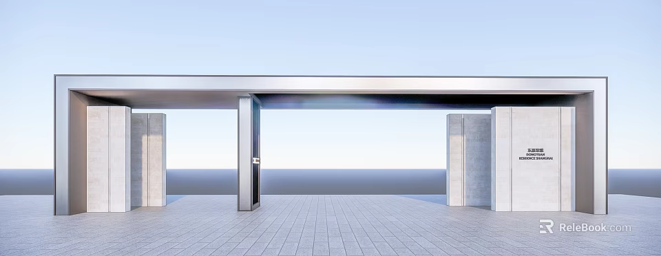 Modern Entrance Gate Design With Metal Frame Glass Panel And Stone Floor 3d model 