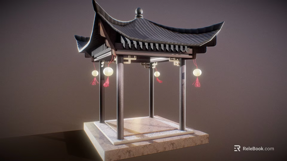 Traditional Chinese Pavilion Featuring Curved Black Roof Hanging Red Lanterns And Stone Base 3d model 