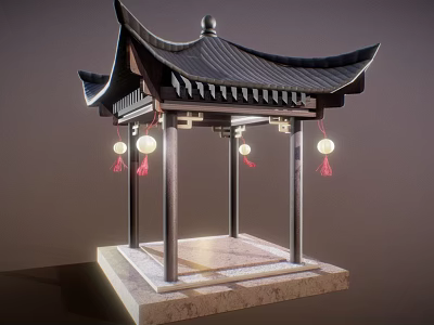 Traditional Chinese Pavilion Featuring Curved Black Roof Hanging Red Lanterns And Stone Base 3d model
