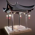 Traditional Chinese Pavilion Featuring Curved Black Roof Hanging Red Lanterns And Stone Base