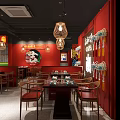Traditional Hot Pot Restaurant Interior With Red Lanterns And Dining Tables Setup 3d model