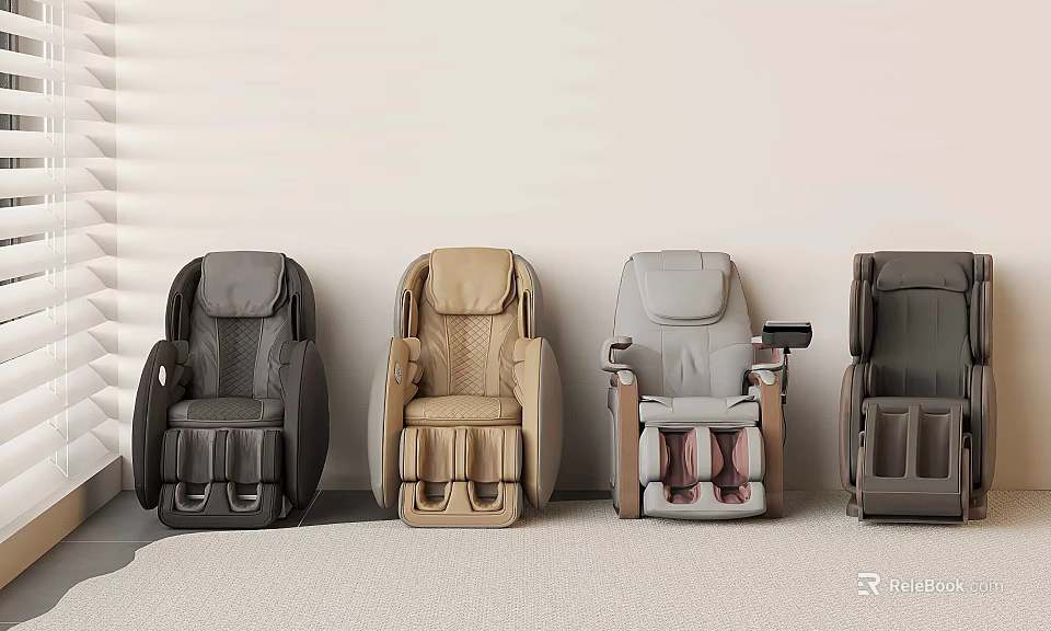 Multiple Massage Chairs In Different Colors Arranged Side By Side In Light Colored Home Interior 3d model