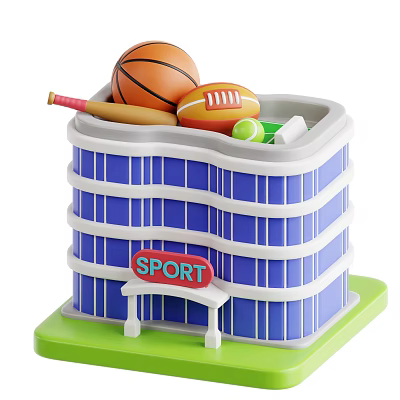Sports Stadium Building with Blue White Exterior SPORT Sign and Basketball Football Tennis Ball 3d model