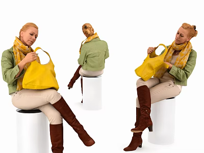 Woman Wearing Green Jacket Brown Boots Holding Yellow Bag And Scarf Sitting On White Stool 3d model