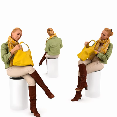 Woman Wearing Green Jacket Brown Boots Holding Yellow Bag And Scarf Sitting On White Stool 3d model