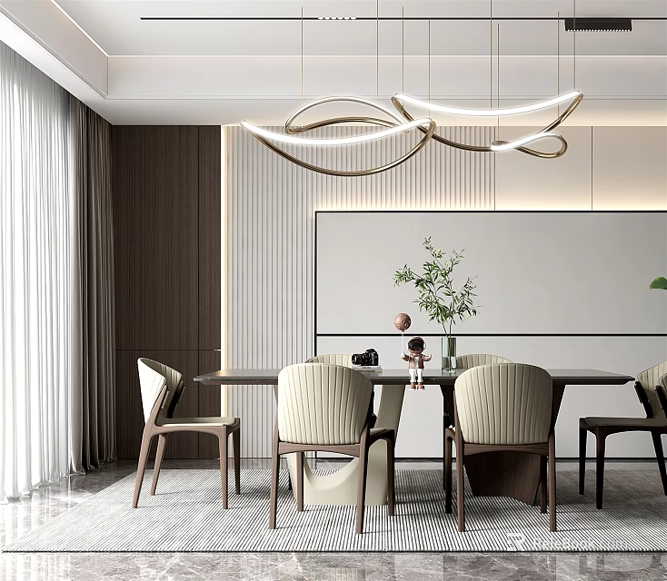 Modern Restaurant Interior With Dining Table Chairs Hanging Pendant Lights And Green Plant 3d model 