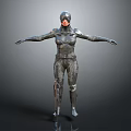 Futuristic Game Movie Character In Metallic Combat Suit With Helmet And Red Visor
