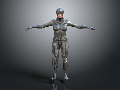 Futuristic Game Movie Character In Metallic Combat Suit With Helmet And Red Visor 3d model