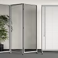 Modern Folding And Louvered Room Divider With Metal Frame Transparent Panel And Plant