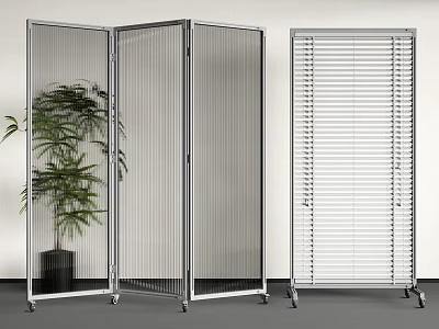 Modern Folding And Louvered Room Divider With Metal Frame Transparent Panel And Plant 3d model