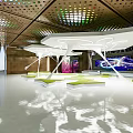 Futuristic Interior Space Design With Geometric Green Seats LED Lights And Large Screen