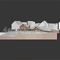 Winter Rural Landscape With Snow Covered Ground Wooden Houses And Small Trees