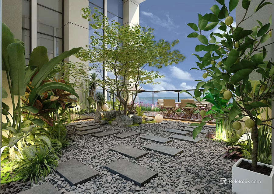 Modern Garden Landscape With Stone Path Pebbles Green Plants And Outdoor Seating Area 3d model 