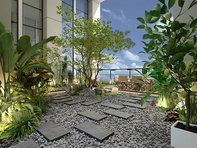 Modern Garden Landscape With Stone Path Pebbles Green Plants And Outdoor Seating Area 3d model