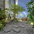 Modern Garden Landscape With Stone Path Pebbles Green Plants And Outdoor Seating Area