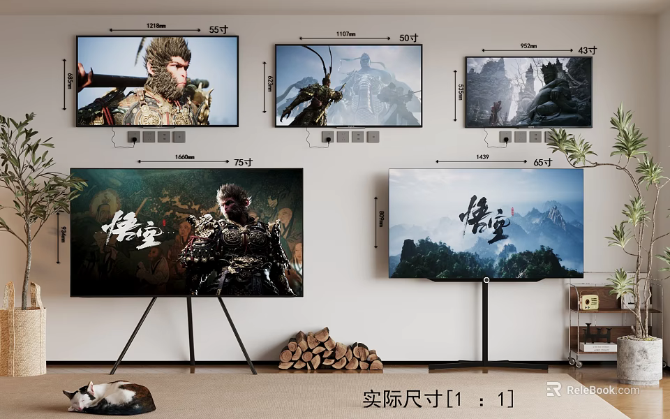 Various TVs Displaying Movie Scenes With Actual Size Comparison Wall Mounted And Floor Standing 3d model 