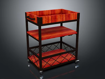 Three Tier Rolling Storage Cart With Wooden Shelves And Metal Frame 3d model