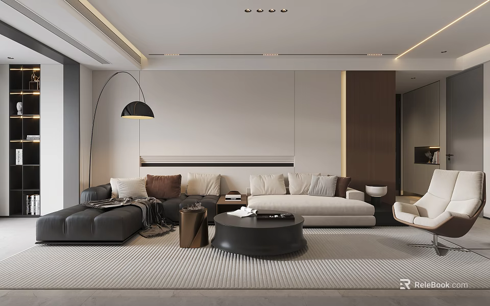 Modern Living Dining Room Interior With Beige Black Sofas Round Coffee Table And Floor Lamp 3d model