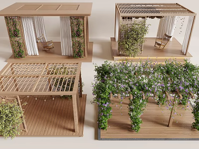 Wooden Outdoor Pergola Design With Climbing Plants Greenery And Seating 3d model