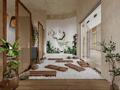 Bridal Shop Interior Design With Wicker Screens Green Plants White Pebbles And Wooden Planks 3d model