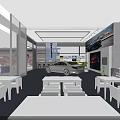 Modern Car Showroom Featuring Glass Facade Yellow Silver Cars Posters Red Bar Stools And Windows