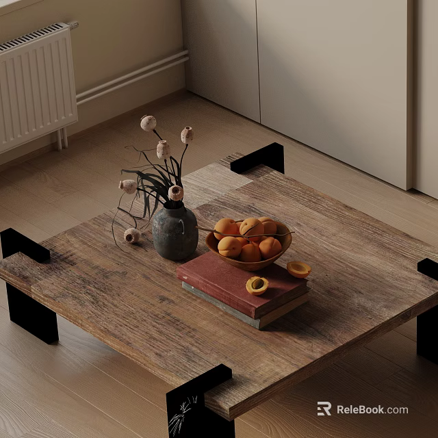 Modern Sofa And Coffee Table Set With Wooden Top Black Legs Vase Peaches And Books 3d model 