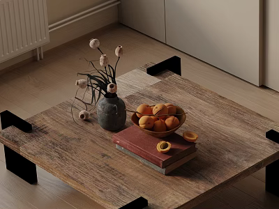 Modern Sofa And Coffee Table Set With Wooden Top Black Legs Vase Peaches And Books 3d model