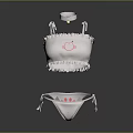 Woman Wearing White Bikini With Pink Cat Paw Pattern And Ruffle Details