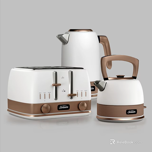 Modern White And Brown Kitchen Appliances Featuring Toaster And Kettles 3d model 