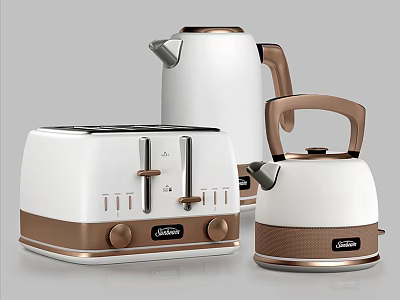 Modern White And Brown Kitchen Appliances Featuring Toaster And Kettles 3d model