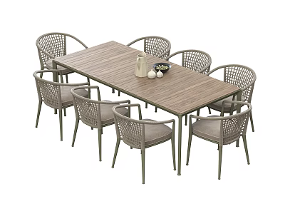 Outdoor Wooden Table with Eight Rattan Backrest Chairs Water Jug and Decorative Balls on Top 3d model