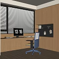 Minimalist Modern Desk With Wooden Cabinets Large Window Blinds Clock Showing 1316 And Wheeled Chair