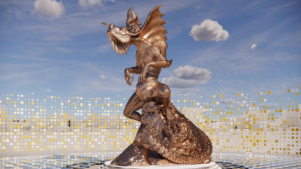 Game Movie Character Golden Dragon Statue With Blue Sky And Mosaic Ground 3d model 