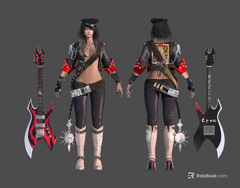Human Female Character With Black Hat Red Black Guitar Leather Outfit And Boots 3d model 